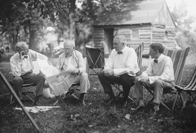 Henry Ford, Thomas Edison, Warren G. Harding, and Harvey Firestone